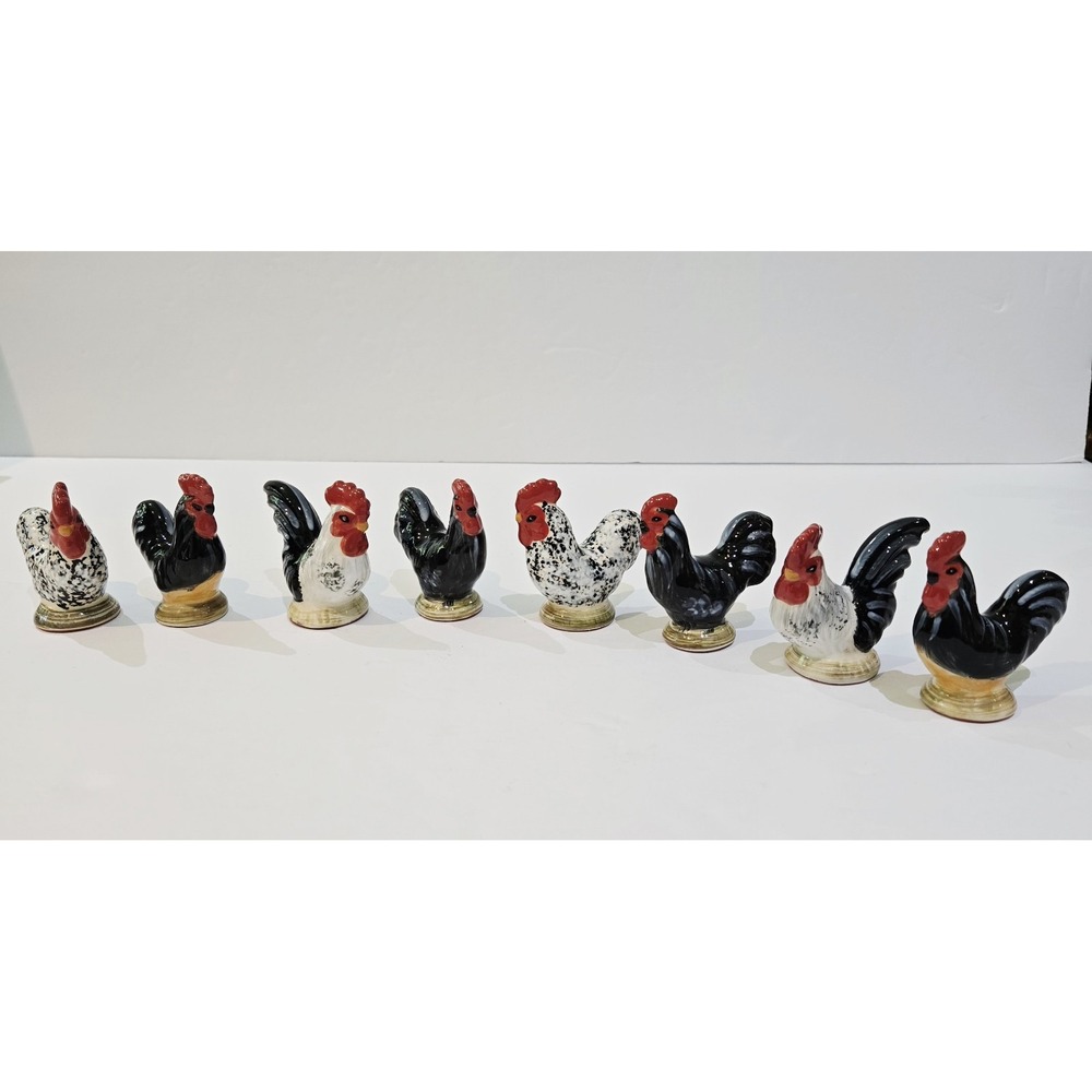 1999 Enesco Miniature Mini Lot 8 Ceramic Roosters Farm House Cottage Core Decor